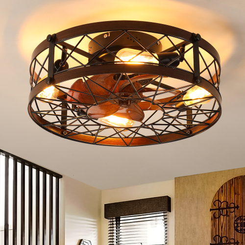 Cage Ceiling Fan With Light, Black, Recessed Ceiling Fan Light, Farmhouse Small Ceiling Fan With Light Fixture, Bedroom Reversible Fan - E26 Bulb Cage Ceiling Fan With Light, Black, Recessed Ceiling Fan Light, Farmhouse Small Ceiling Fan With Light Fixture, Bedroom Reversible Fan - E26 Bulb