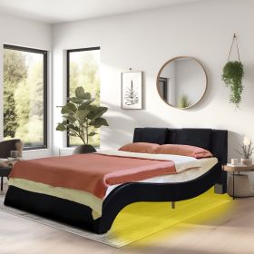 Faux Leather Upholstered Platform Bed Frame with led lighting, Bluetooth connection to play music control, Backrest vibration massage, Curve Desi (Color: Black)